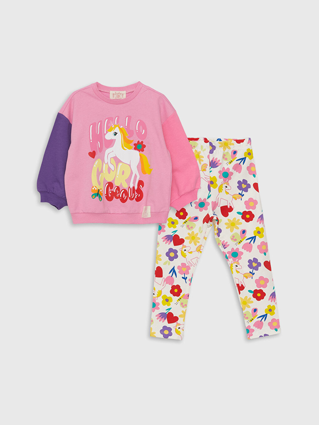 Crew Neck Long Sleeve Patterned Baby Girl Sweatshirt And Tights 2-Piece Set