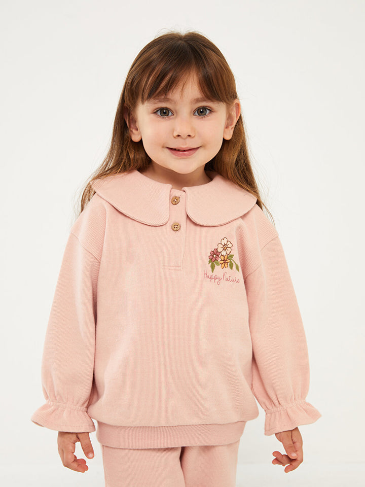 Baby Girl Sweatshirt With Bebe Collar Embroidery Detail