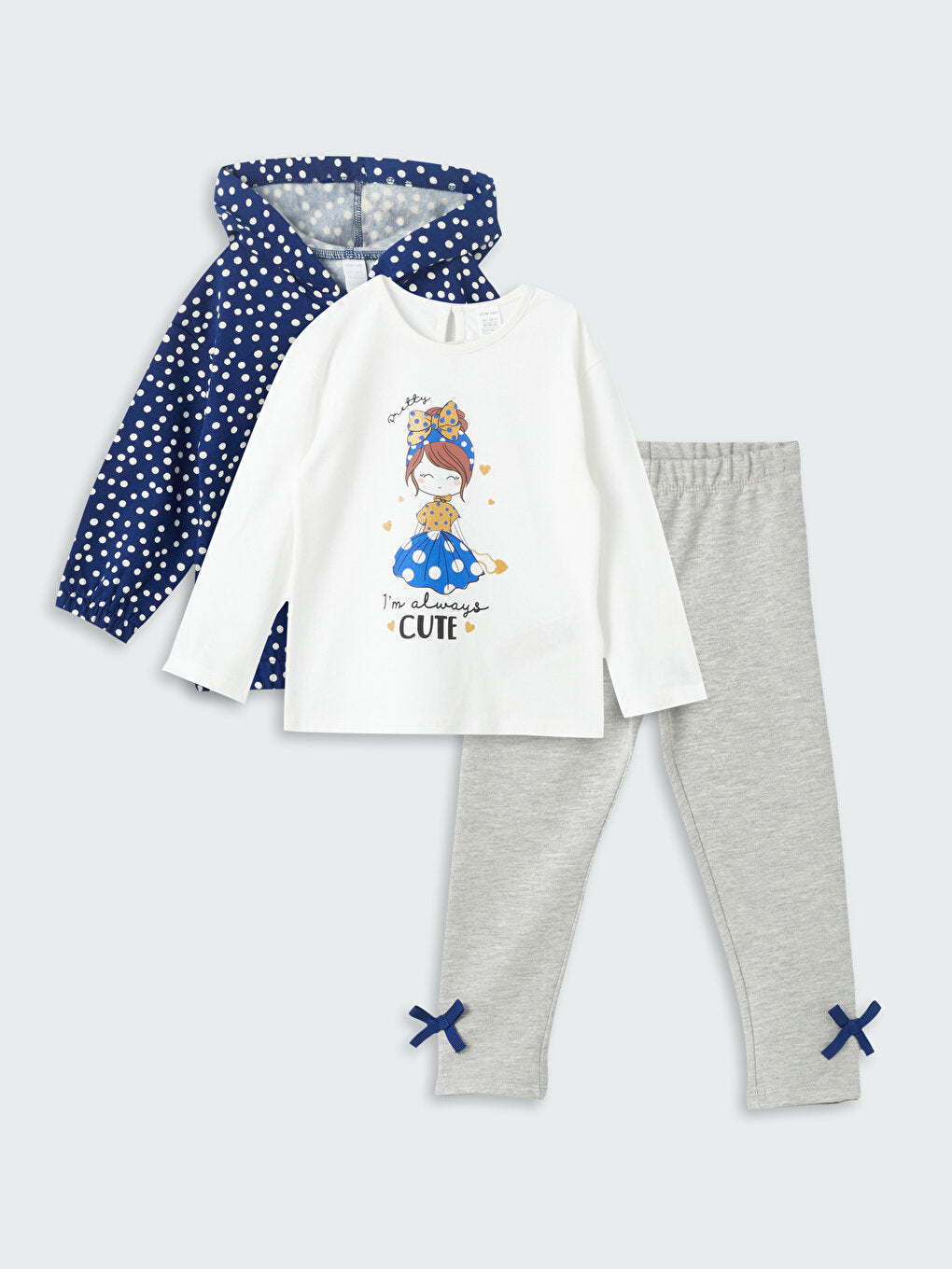 Crew Neck Printed Long Sleeve T-Shirt, Tights And Zippered Sweatshirt Baby Girl 3-Piece Set