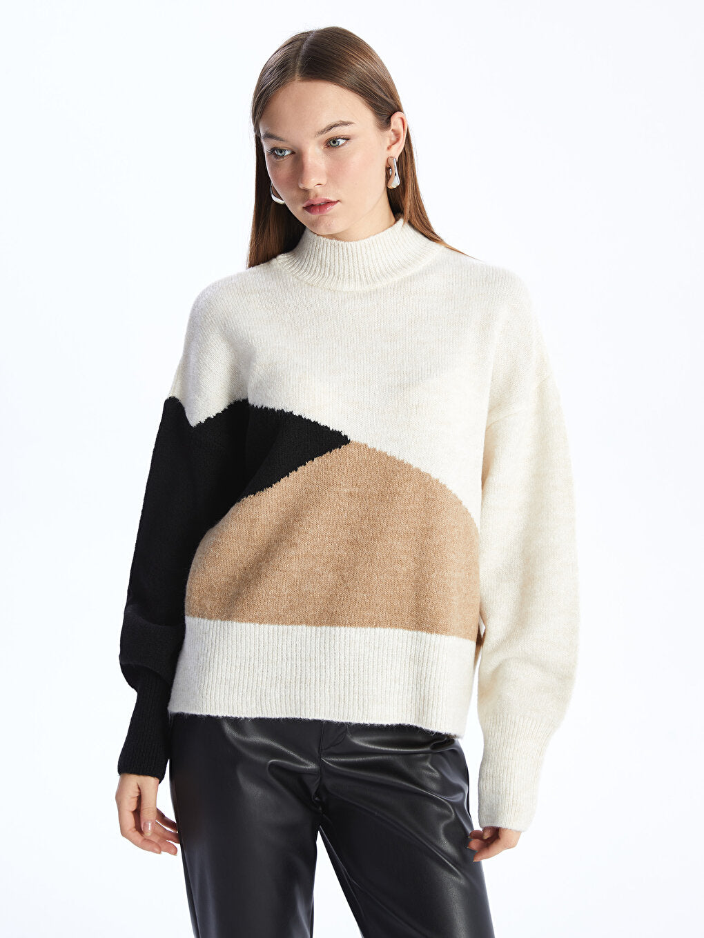LC WAIKIKI Half Fisherman Collar Color Blok Long Sleeve Women Triko Sweater
