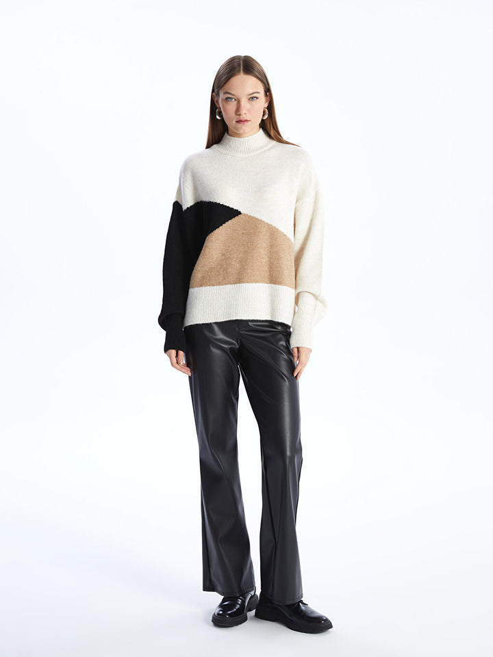 LC WAIKIKI Half Fisherman Collar Color Blok Long Sleeve Women Triko Sweater