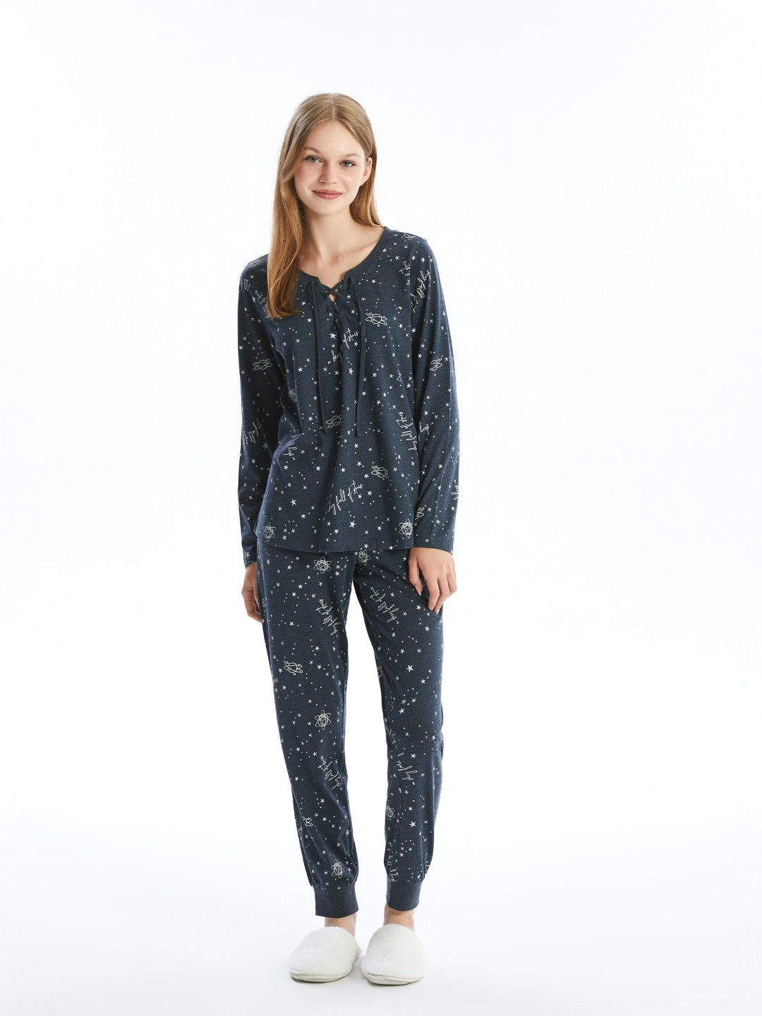 LCW DREAM

Navy Blue Printed Tie Collar Patterned Women's Pajama Set