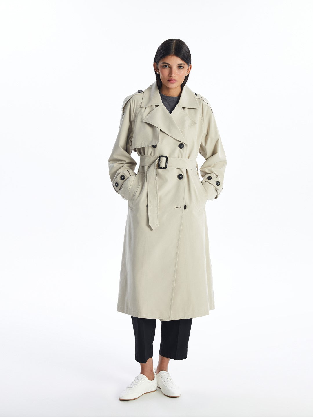 LCW Modest

Light Beige Jacket Collar Plain Oversize Women's Trench Coat