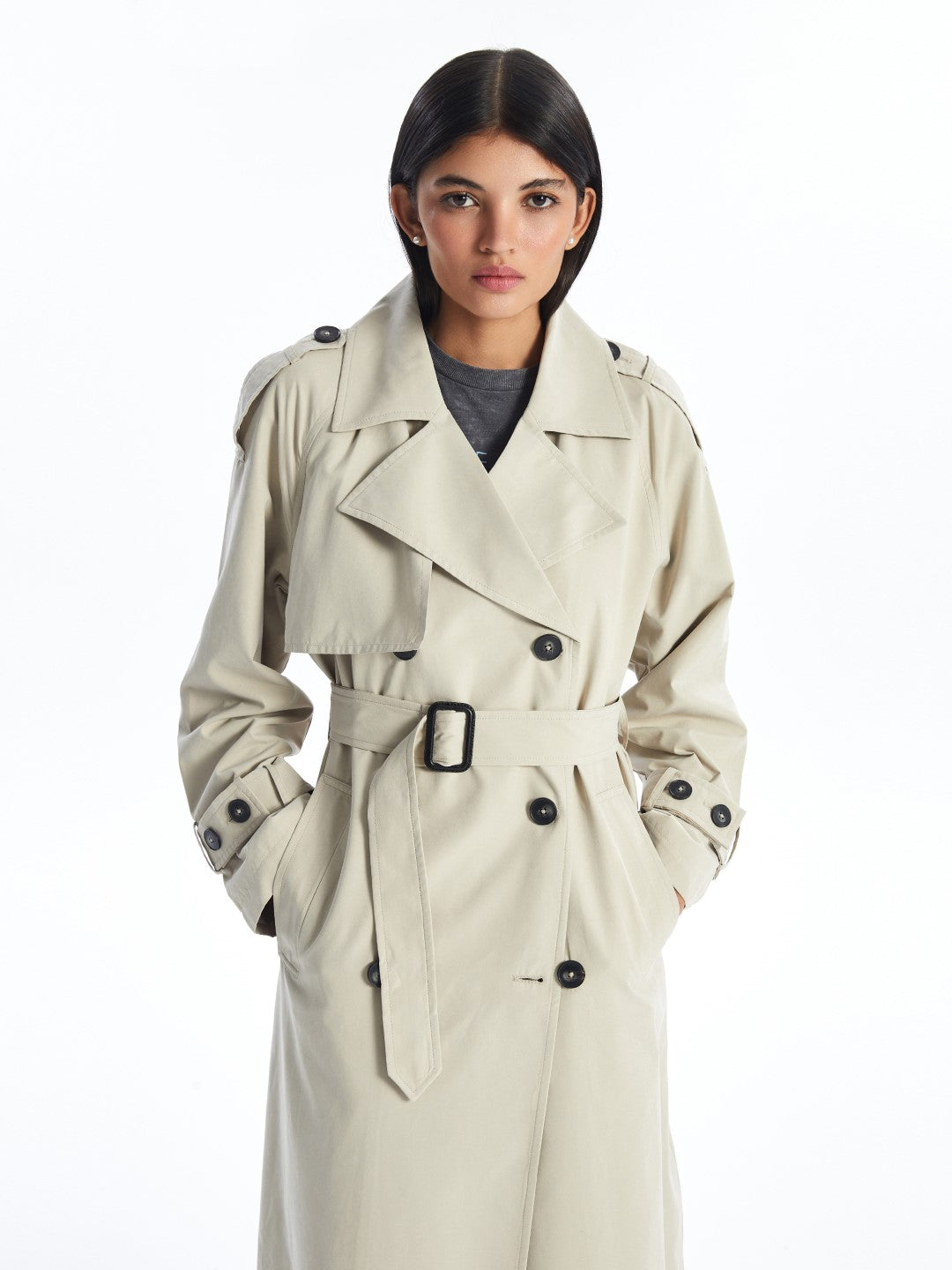 LCW Modest

Light Beige Jacket Collar Plain Oversize Women's Trench Coat