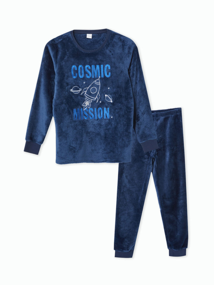 Lcw Kids Navy Blue Crew Neck Plush Boys Pajama Set