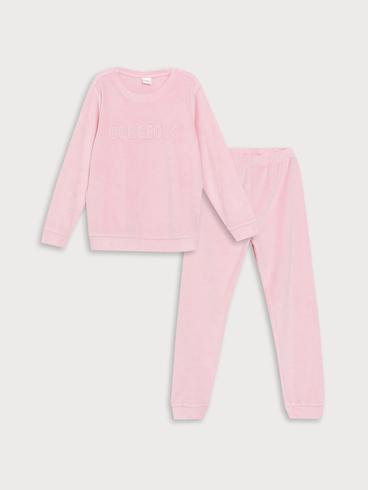 Lcw Kids Pink Crew Neck Velvet Girls Pajama Set