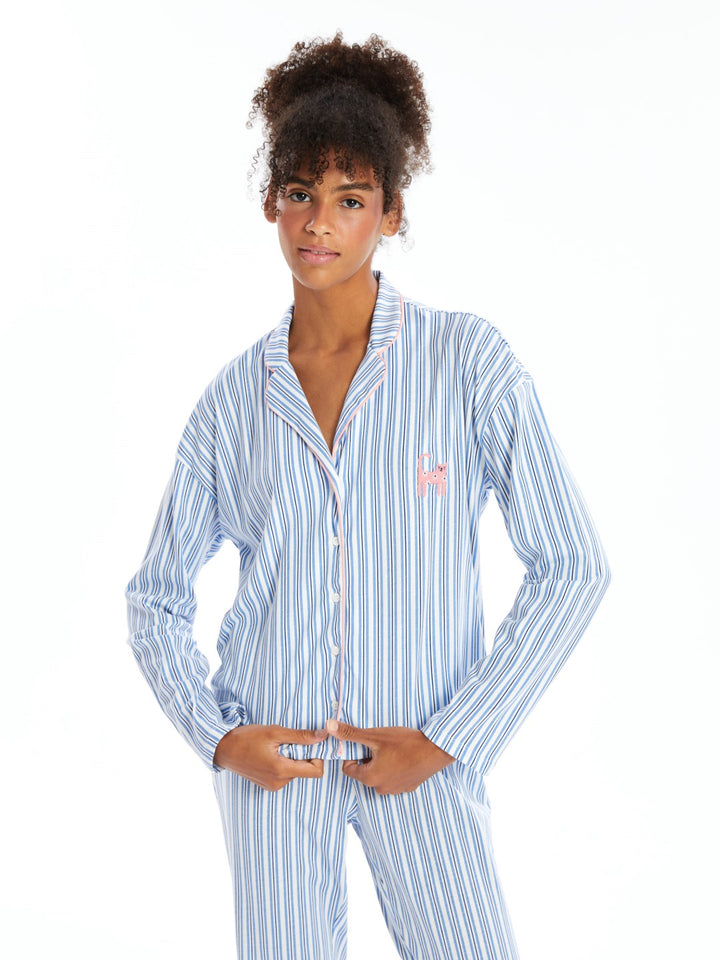 LCW DREAM

Ecru Printed Shirt Collar Striped Long Sleeve Women's Pajama Set