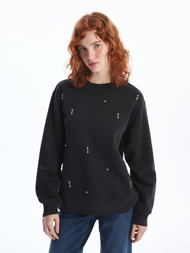 Lcw Vision Black Crew Neck Shiny Stone Printed Women'S Thick Sweatshirt