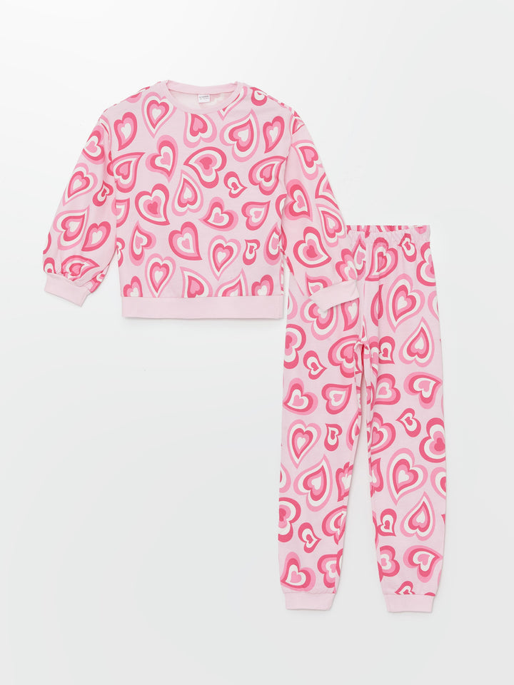 Lcw Kids Pink Crew Neck Printed Long Sleeve Girls Pajama Set