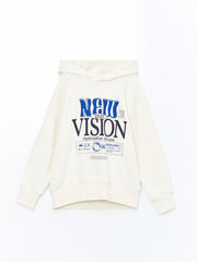 Lcw Kids Ecru Hooded Printed Long Sleeve Boy'S Sweatshirt