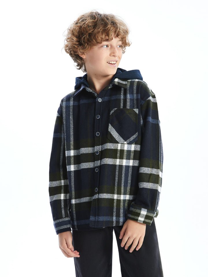 Lcw Kids Navy Blue Hooded Plaid Boy Shirt Jacket