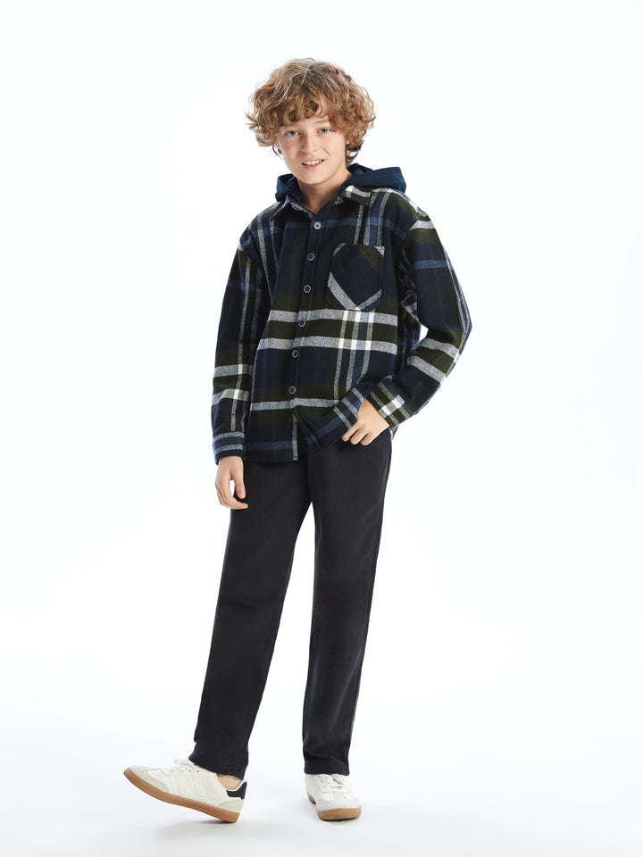 Lcw Kids Navy Blue Hooded Plaid Boy Shirt Jacket