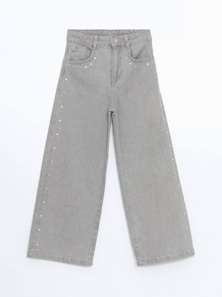 Lcw Kids Gray Adjustable Waist Elastic Stone Printed Girls Jean Trousers