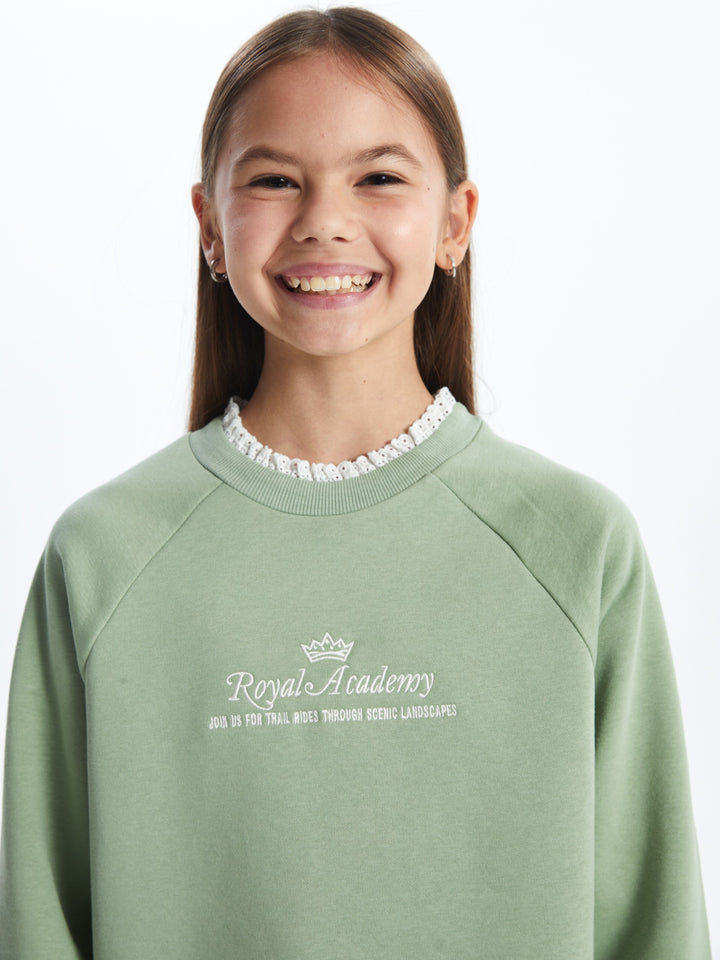 Lcw Kids Green Crew Neck Girls Thick Sweatshirt