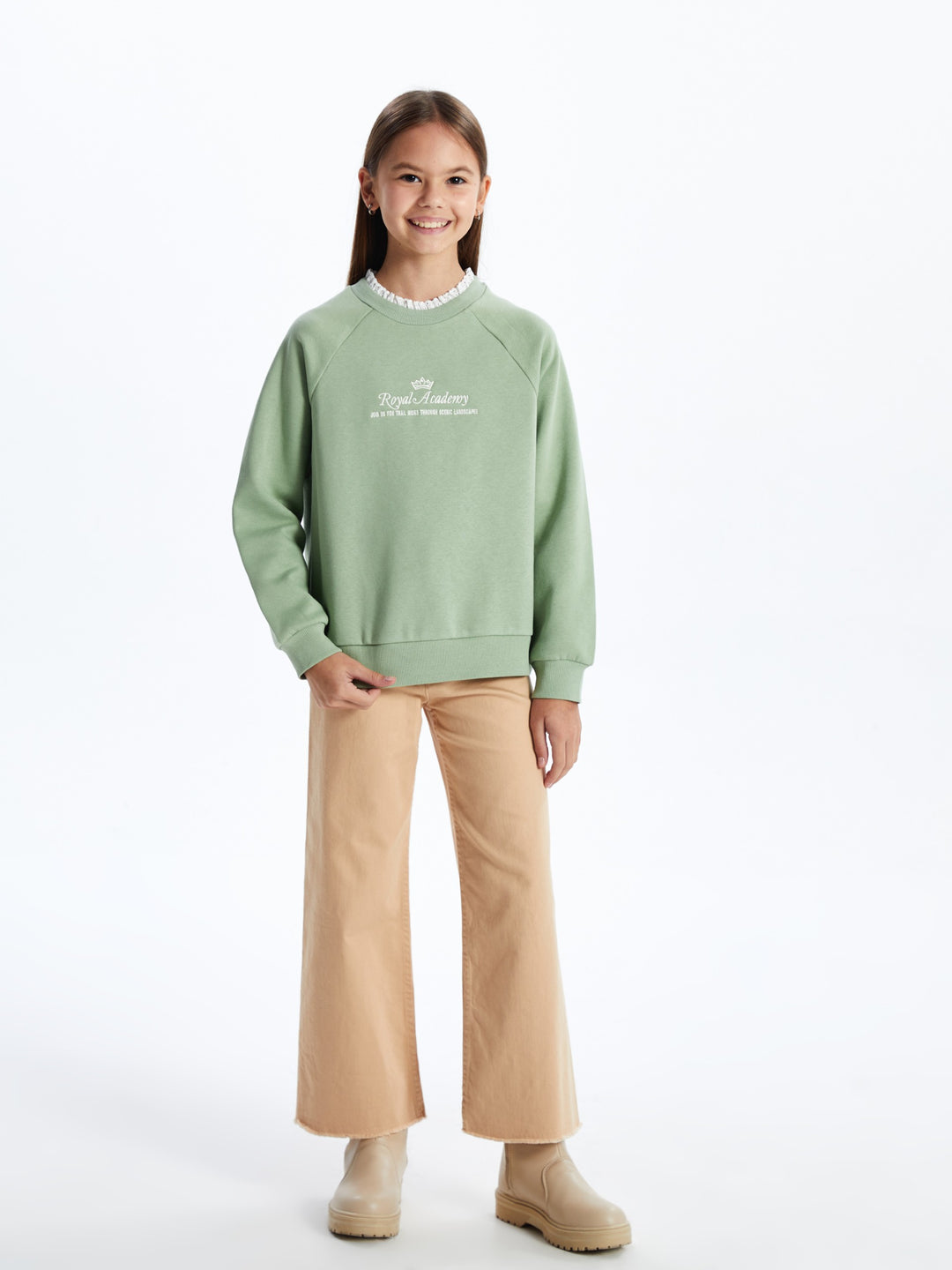 Lcw Kids Green Crew Neck Girls Thick Sweatshirt