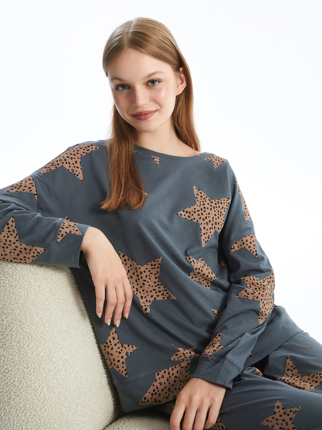 Lcw Dream Gray Crew Neck Patterned Long Sleeve Women'S Pajama Set