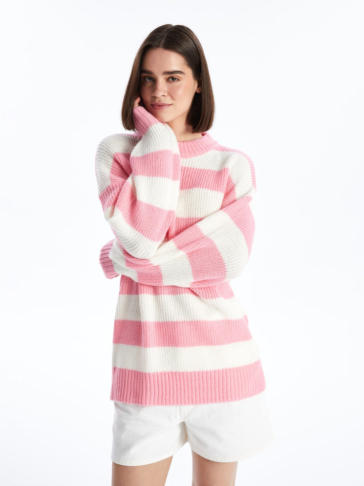 XSIDE

Pink Crew Neck Color Block Long Sleeve Women's Knitwear Sweater