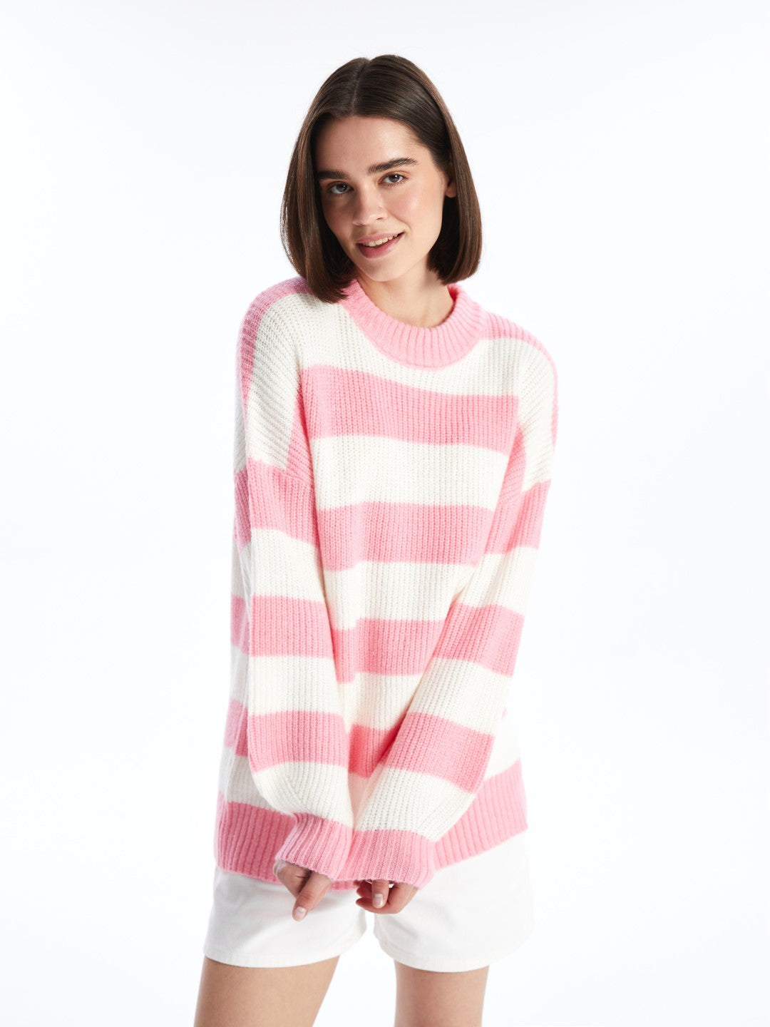 XSIDE

Pink Crew Neck Color Block Long Sleeve Women's Knitwear Sweater