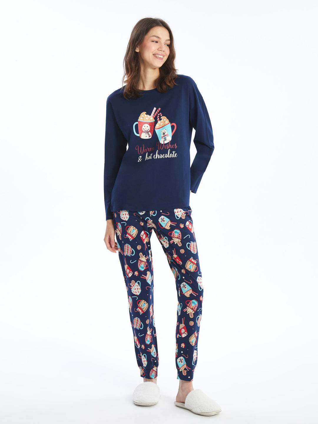 Lcw Young Navy Blue Crew Neck Printed Women'S Pajama Set