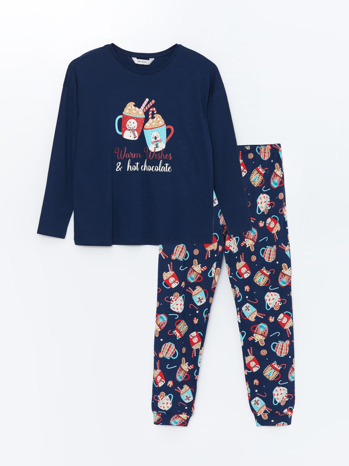 Lcw Young Navy Blue Crew Neck Printed Women'S Pajama Set