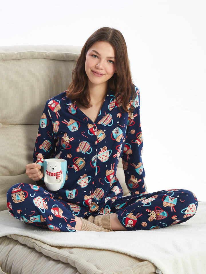 Lcw Young Navy Blue Shirt Collar Printed Women'S Pajama Set