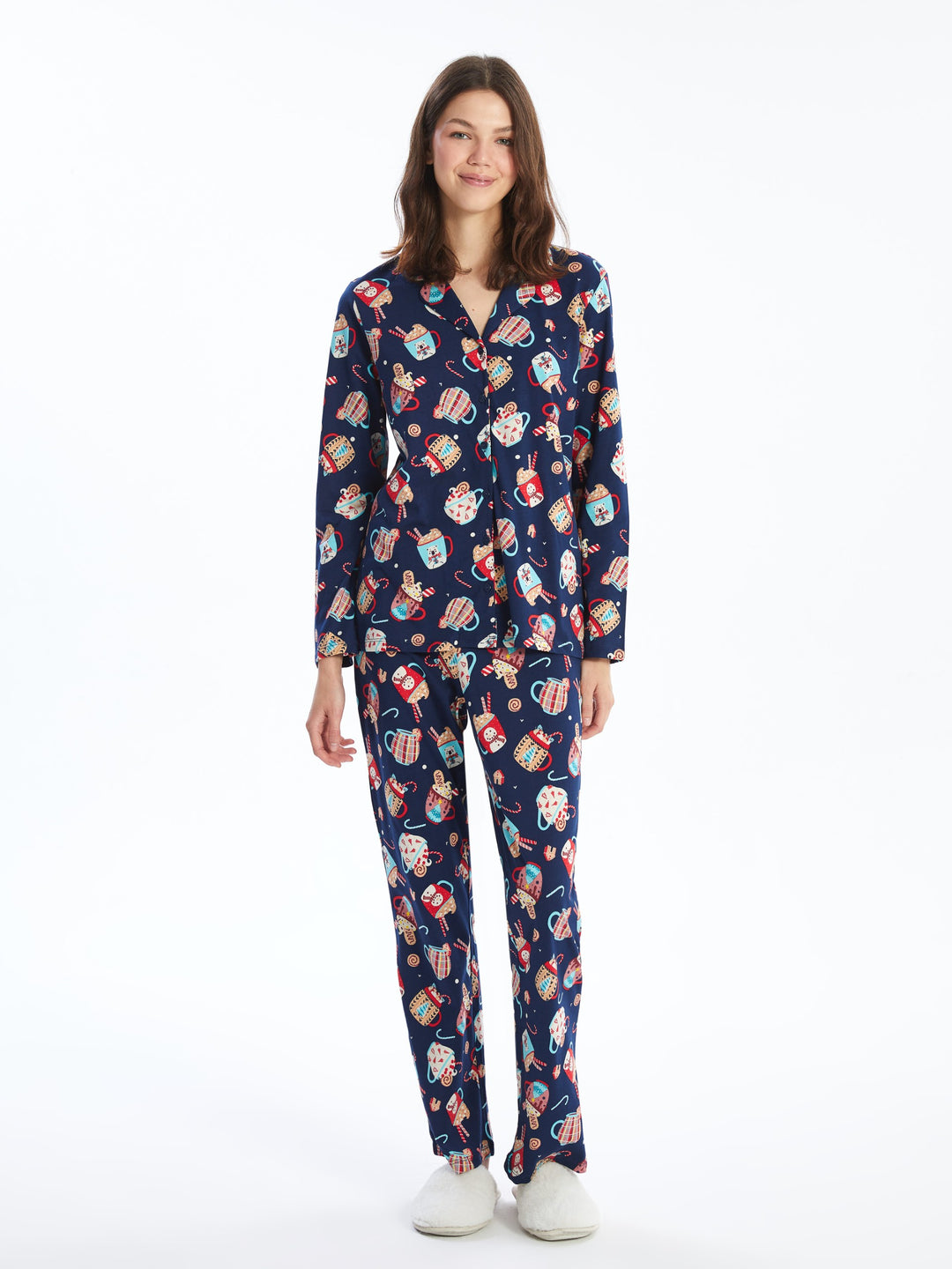 Lcw Young Navy Blue Shirt Collar Printed Women'S Pajama Set