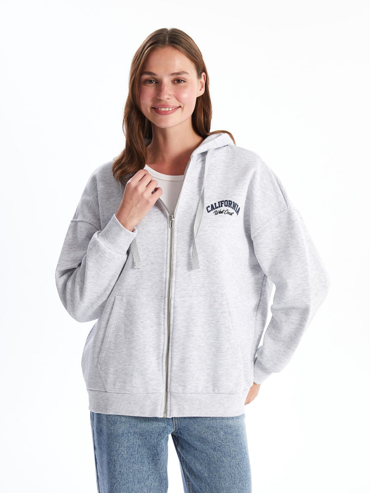 XSIDE

Light Grey Melange Hooded Embroidered Oversize Women's Zippered Sweatshirt