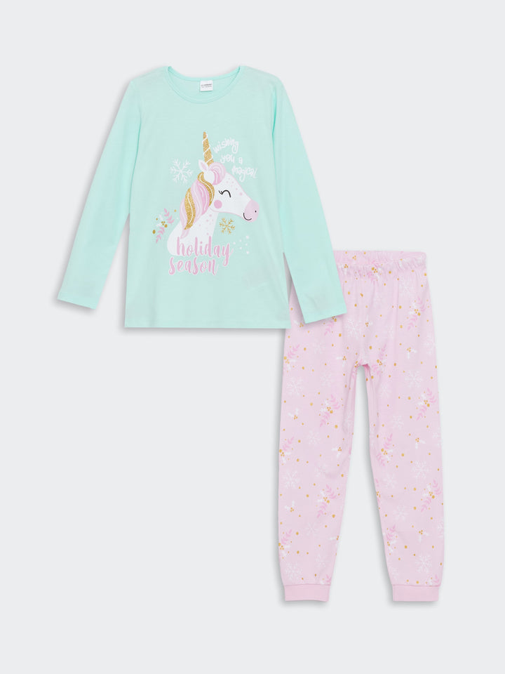 Lcw Kids Turquoise Crew Neck Girls Pajama Set