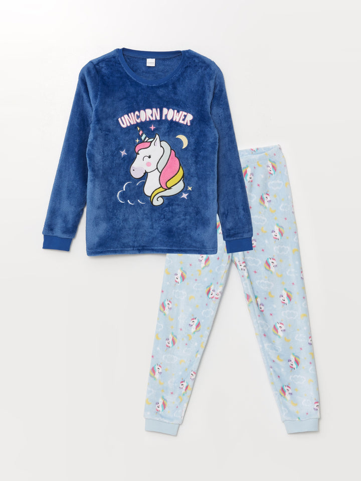 Lcw Kids Blue Crew Neck Plush Girls Pajama Set