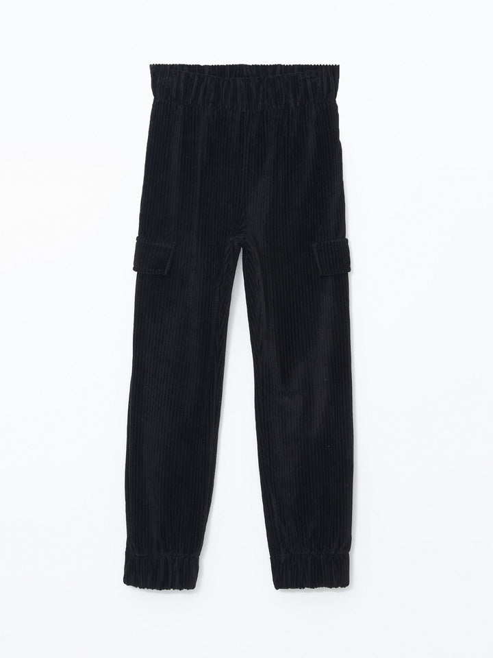 Lcw Kids Black Elastic Waist Velvet Girls Cargo Sweatpants