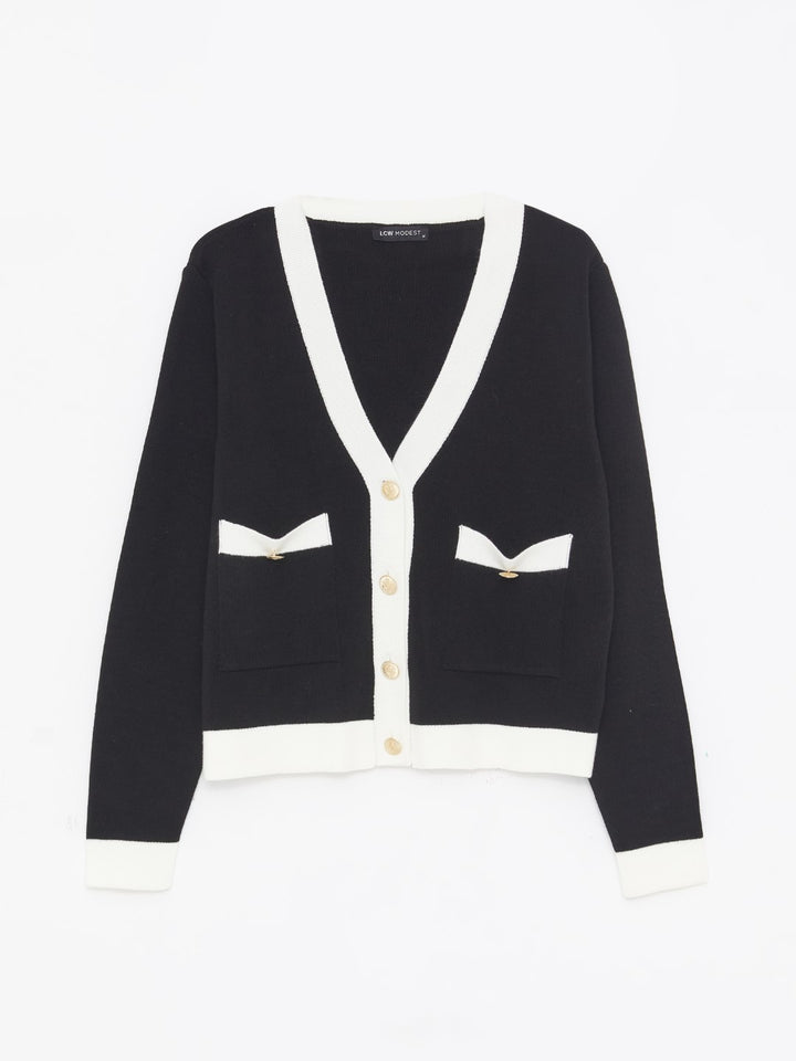 LCW Modest

Black V Neck Color Block Long Sleeve Women's Knitwear Cardigan