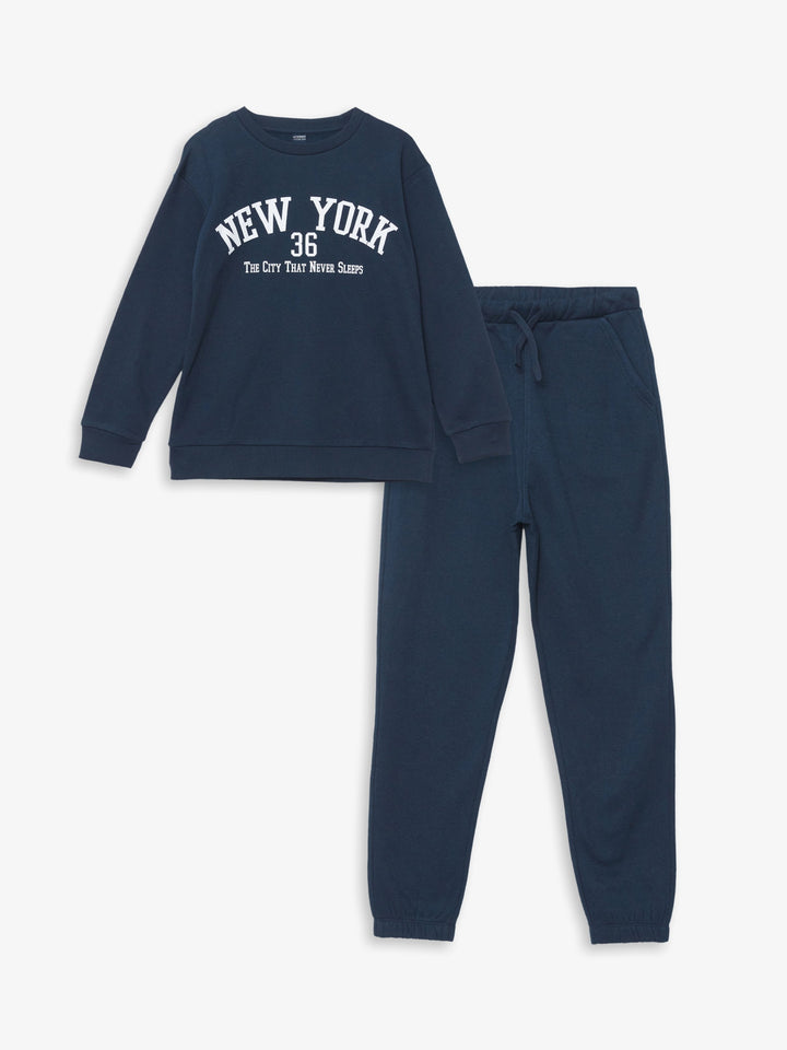 Lcw Kids Navy Blue Crew Neck Printed Boy'S Tracksuit