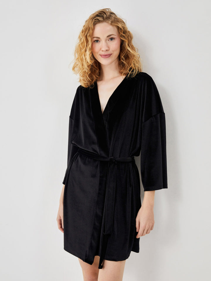 Lcw Dream Black Shawl Collar Velvet Women'S Dressing Gown