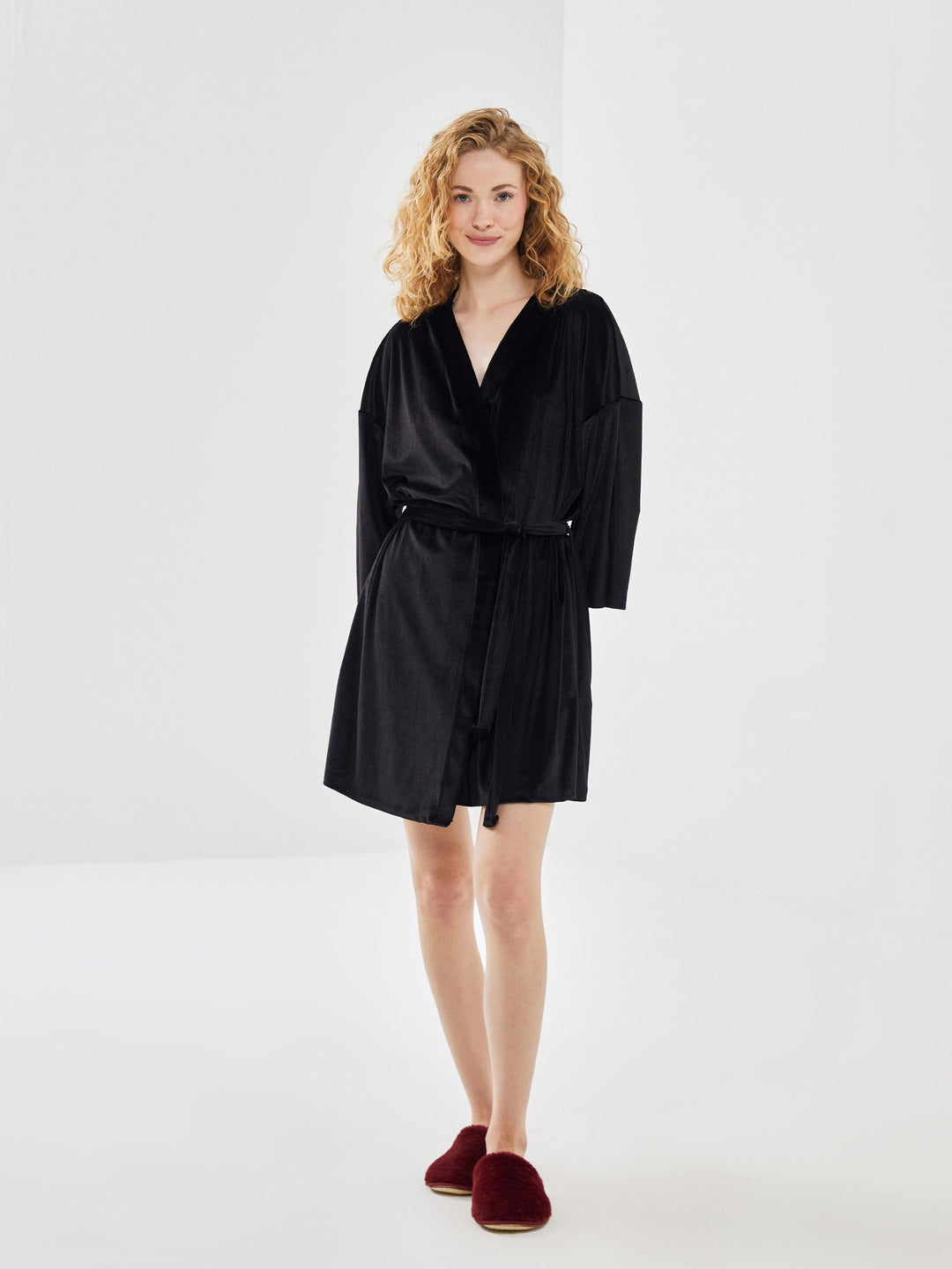 Lcw Dream Black Shawl Collar Velvet Women'S Dressing Gown