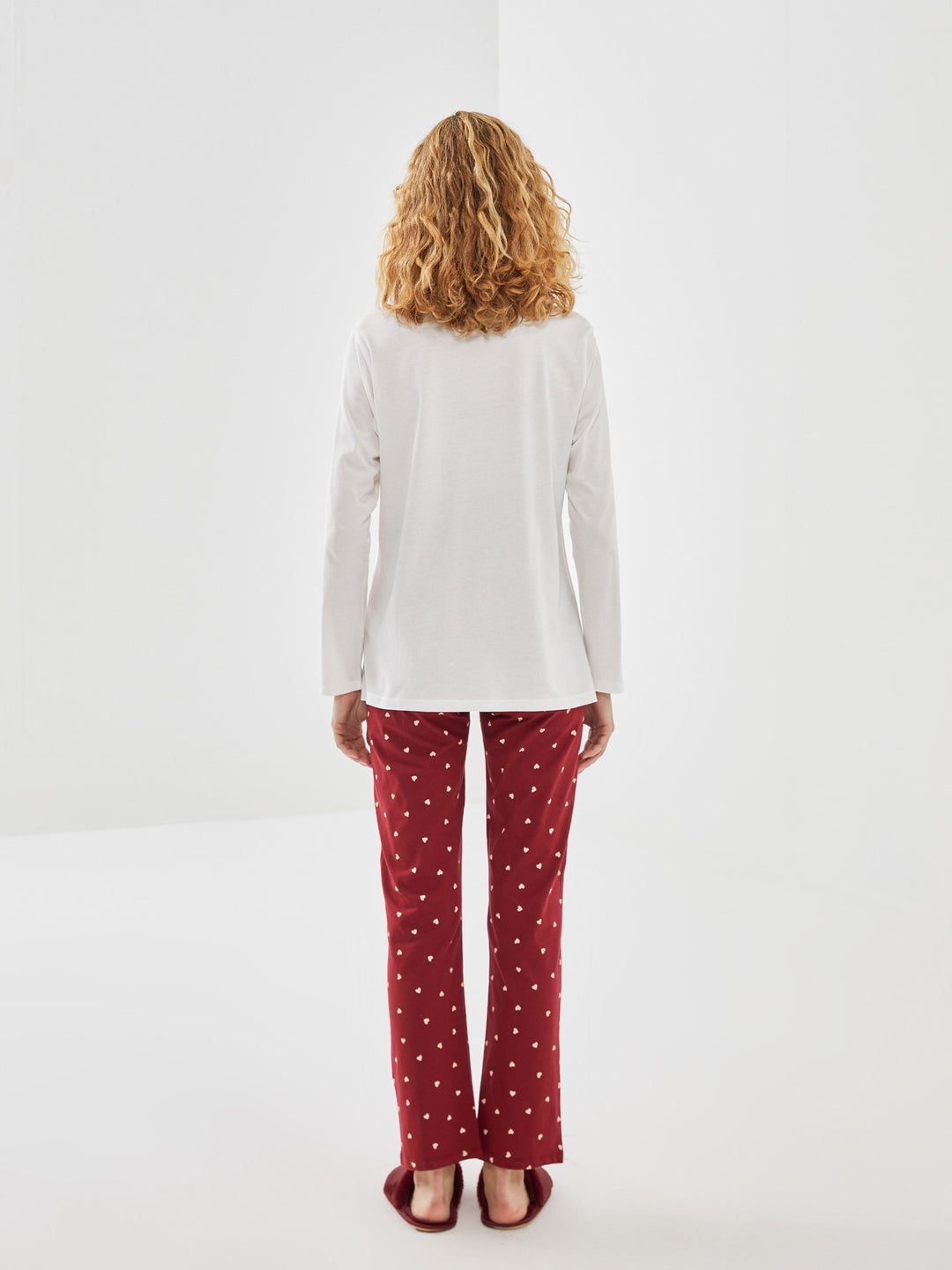 Lcw Dream Claret Red Crew Neck Printed Women'S Pajama Set