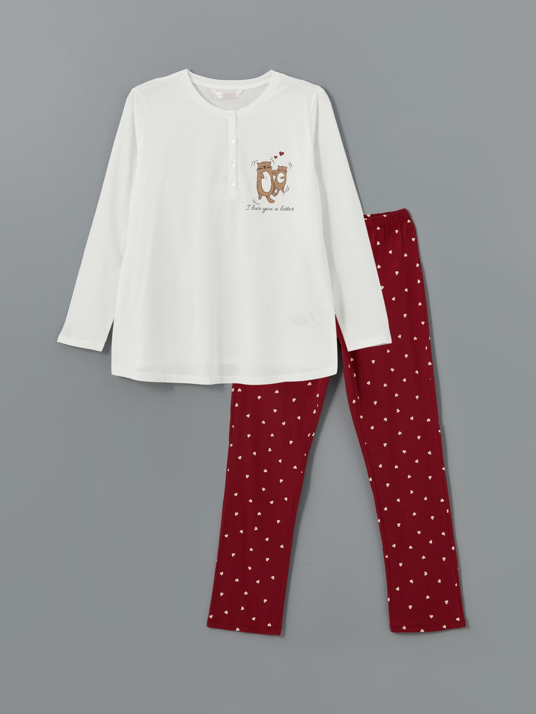 Lcw Dream Claret Red Crew Neck Printed Women'S Pajama Set