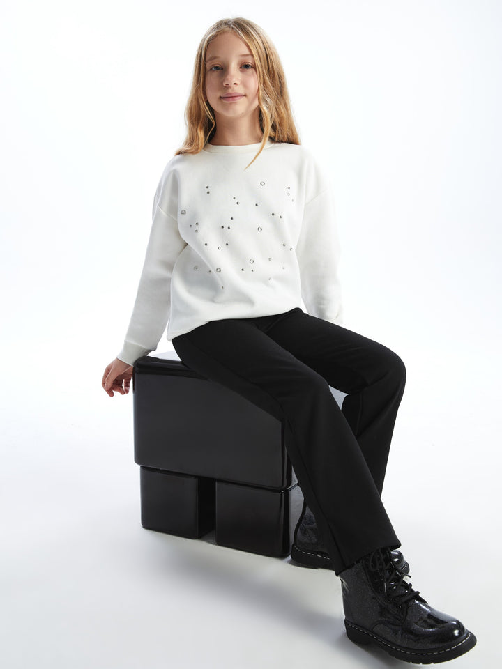 Lcw Kids Ecru Crew Neck Girls Thick Sweatshirt And Tights