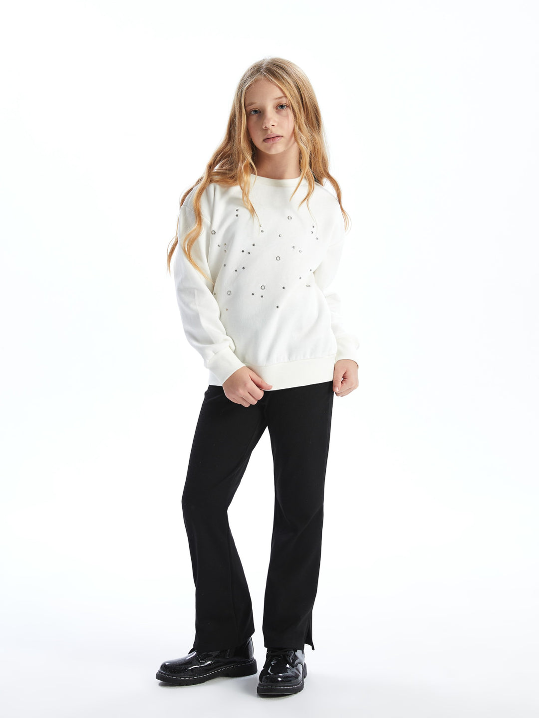 Lcw Kids Ecru Crew Neck Girls Thick Sweatshirt And Tights