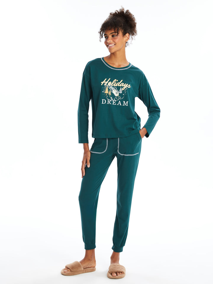 Lcw Dream Green Crew Neck Printed Women'S Pajama Set