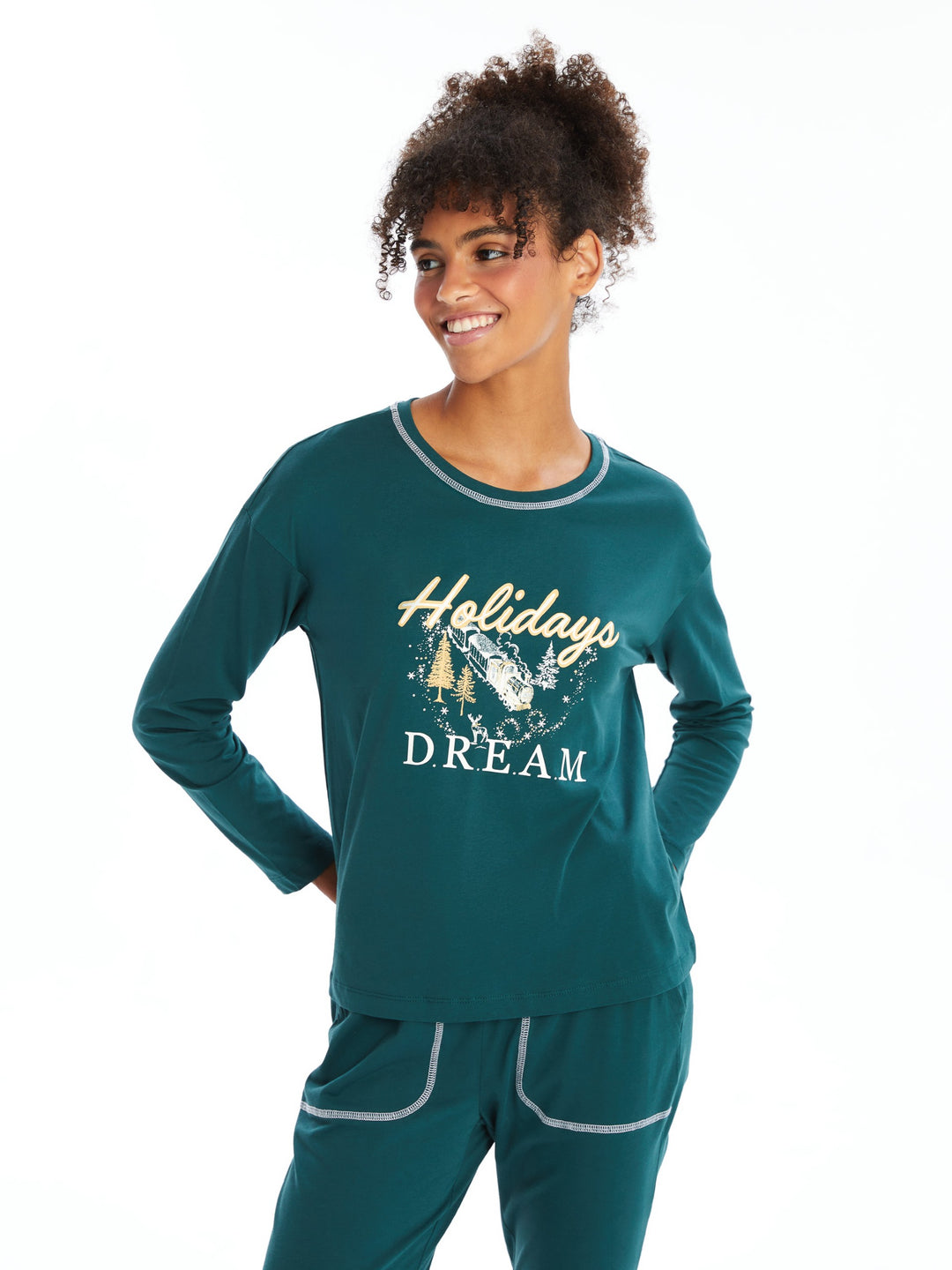 Lcw Dream Green Crew Neck Printed Women'S Pajama Set