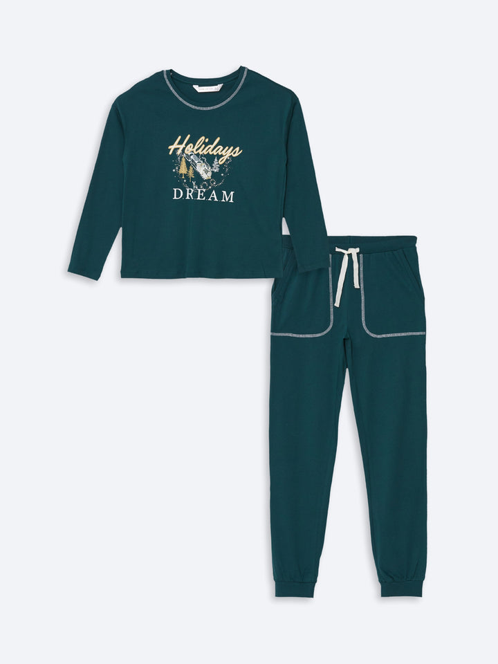 Lcw Dream Green Crew Neck Printed Women'S Pajama Set