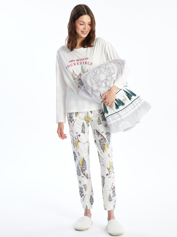 Lcw Dream Ecru Crew Neck Christmas Themed Women'S Pajama Set