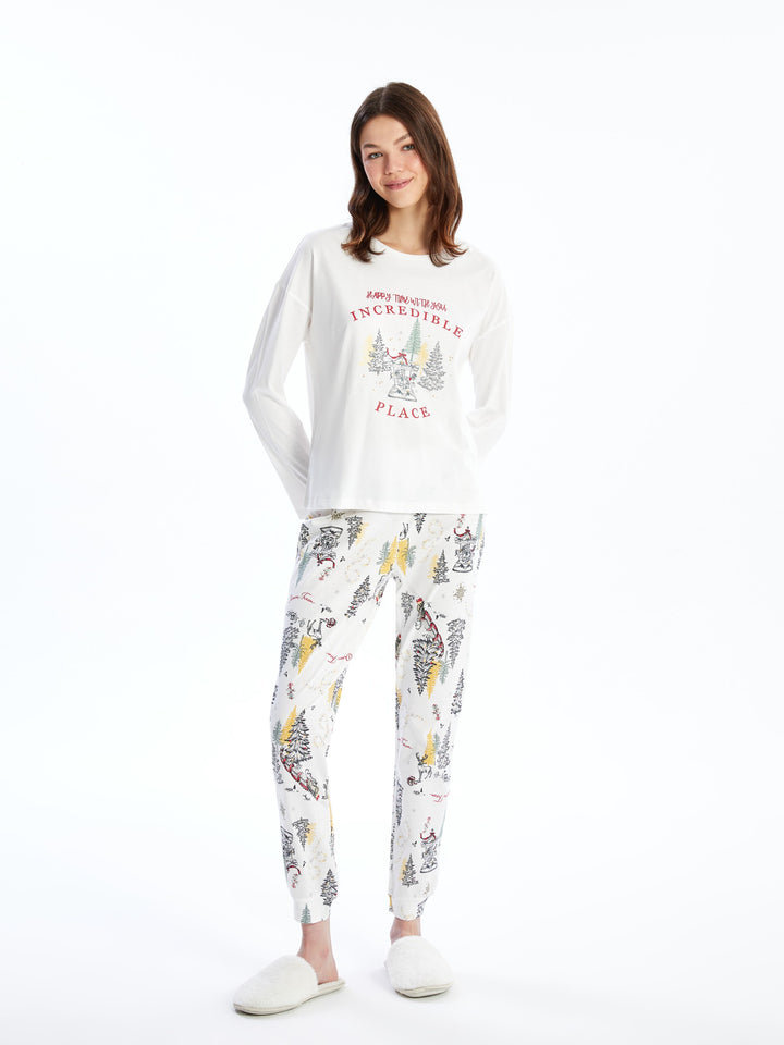 Lcw Dream Ecru Crew Neck Christmas Themed Women'S Pajama Set