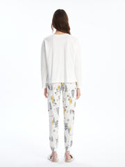Lcw Dream Ecru Crew Neck Christmas Themed Women'S Pajama Set