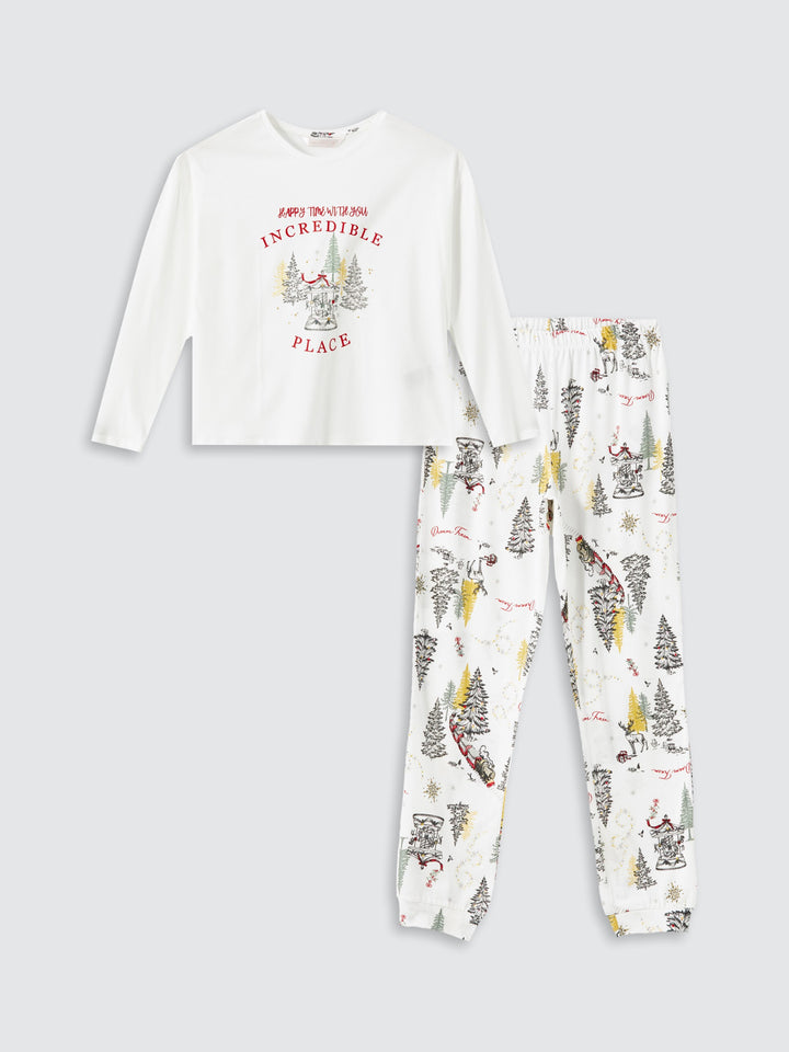 Lcw Dream Ecru Crew Neck Christmas Themed Women'S Pajama Set