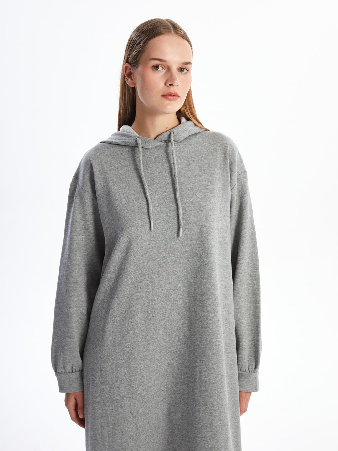 Lcw Modest Gray Hooded Oversize Women'S Sweatshirt Dress