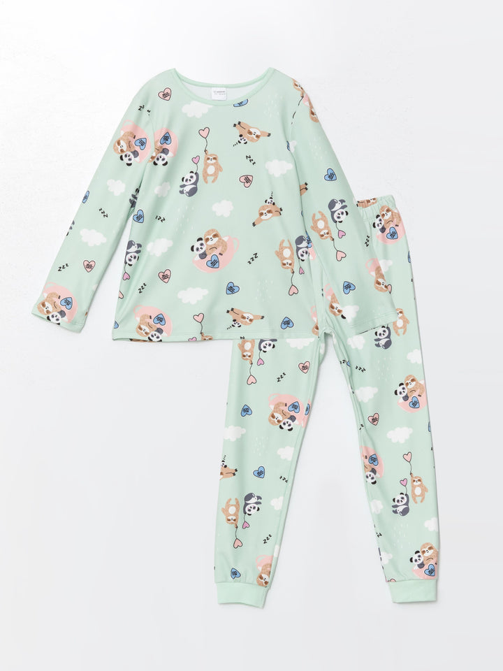 Lcw Kids Turquoise Crew Neck Polar Fleece Girls Pajama Set