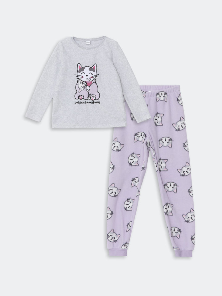 Lcw Kids Gray Crew Neck Polar Fleece Girls Pajama Set