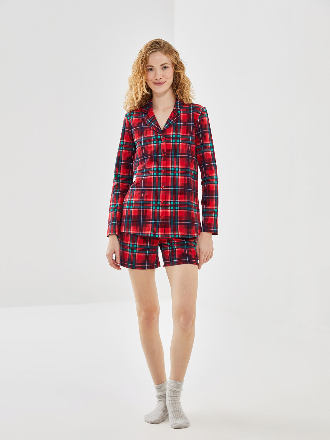 Lcw Dream Red Shirt Collar Plaid Women'S Shorts Pajama Set