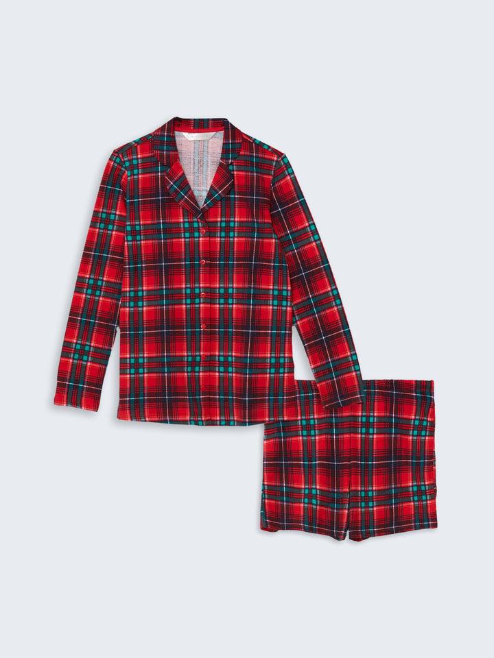 Lcw Dream Red Shirt Collar Plaid Women'S Shorts Pajama Set